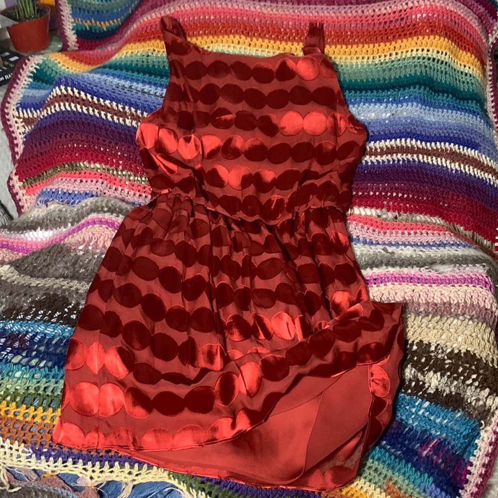 Alice + Olivia orange/red silk and rayon polka dot mini dress size Large